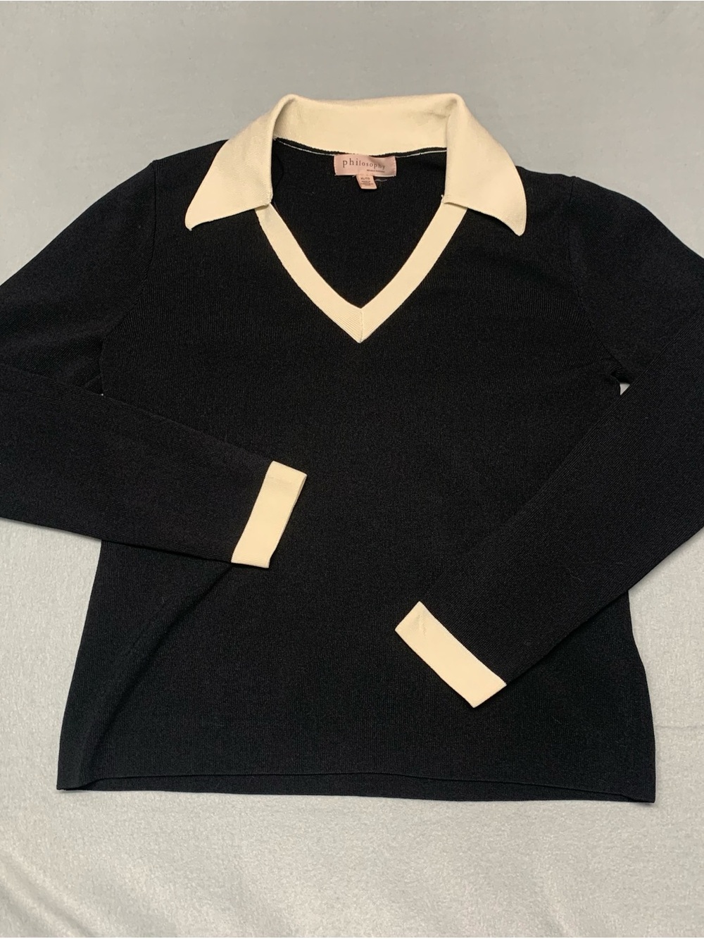 Philosophy Black V-Neck Sweater with Cream Collar and Cuffs